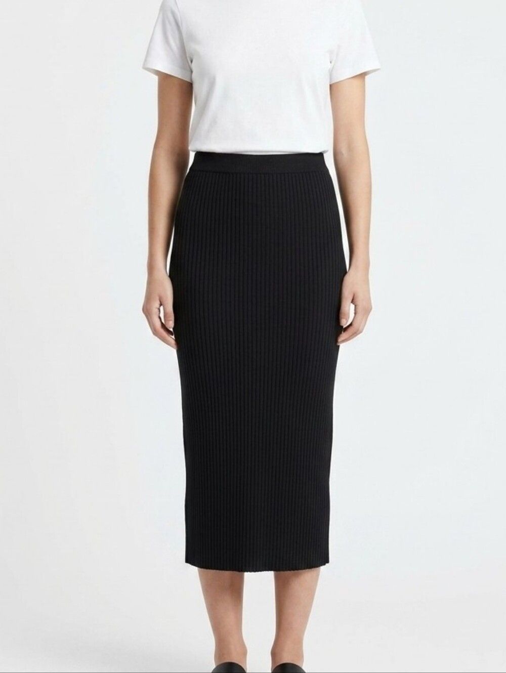 Olive & Oak Black Ribbed Knit Midi Skirt Bodycon Fitted Pencil Tube Skirt Xs